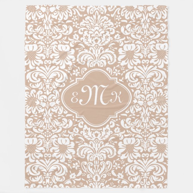Beige And White Floral Damasks Fleece Blanket (Front)