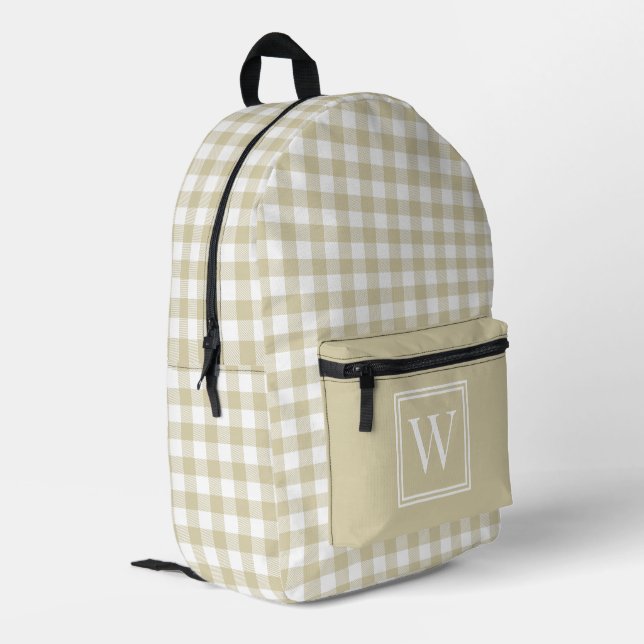 Beige and White Gingham Check Plaid Monogram Printed Backpack (Back Corner Left)