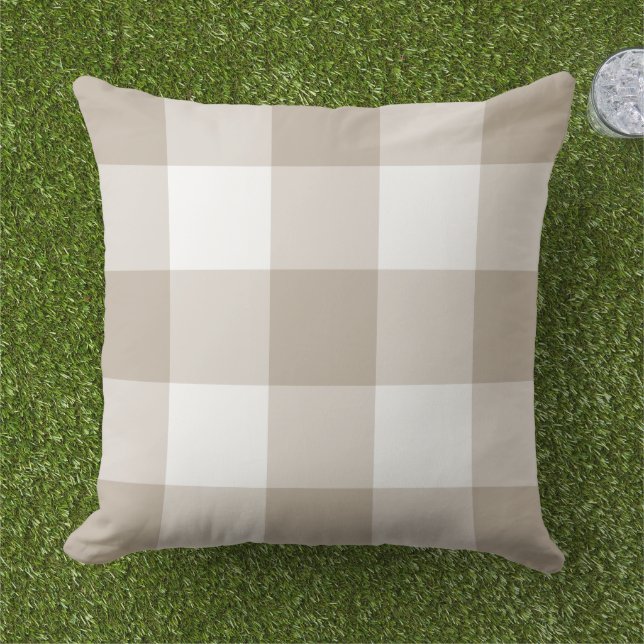 Beige and White Gingham Plaid Farmhouse Pattern Cushion (Grass)