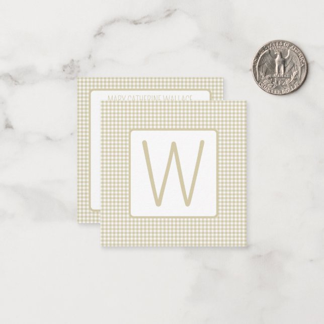 Beige and White Gingham Plaid Monogram Card (Front/Back In Situ)