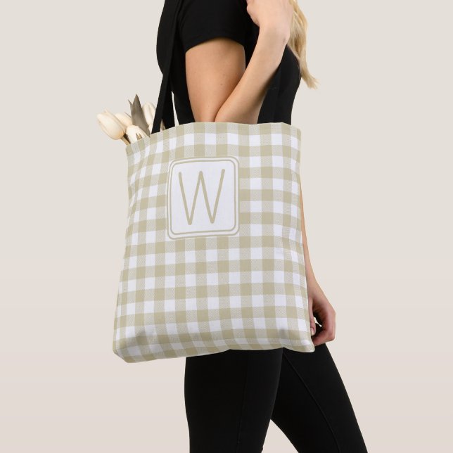Beige and White Gingham Plaid Monogram Tote Bag (Close Up)