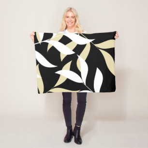 Beige and White Leaf Pattern Fleece Blanket