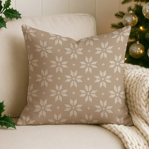 Beige and White Nordic Snowflake Holiday Cushion