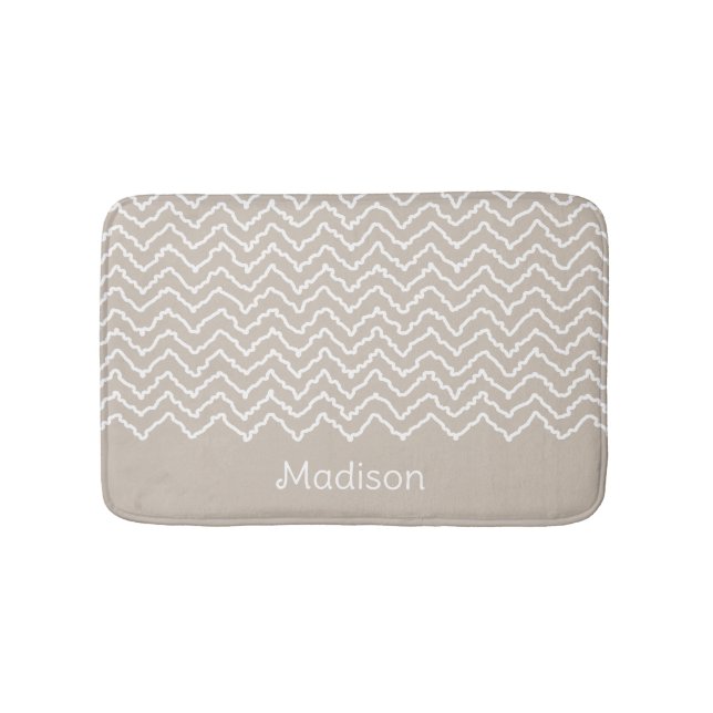 Beige And White Squiggly Chevron Zigzag With Name Bath Mat (Front)