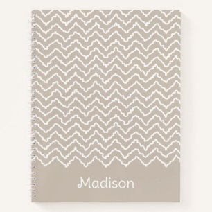 Beige And White Squiggly Chevron Zigzag With Name Notebook