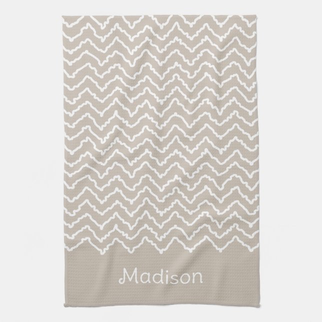 Beige And White Squiggly Chevron Zigzag With Name Tea Towel (Vertical)