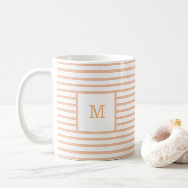 Beige and White Stripes Custom Monogram Coffee Mug (With Donut)