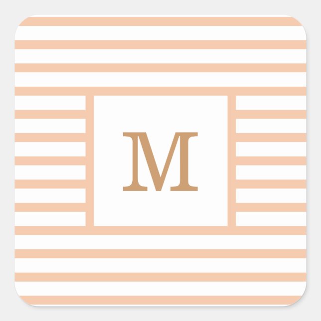 Beige and White Stripes Custom Monogram Square Sticker (Front)