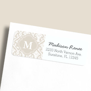 Beige and White Trendy Damask Custom Monogram Return Address Label