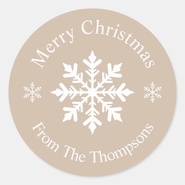 Beige And White Winter Snowflake Merry Christmas Classic Round Sticker (Front)