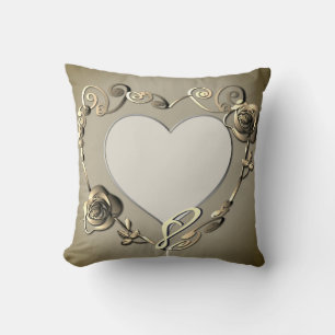 Beige Anniversary Rose Heart Frame 1 Photo Throw Cushion