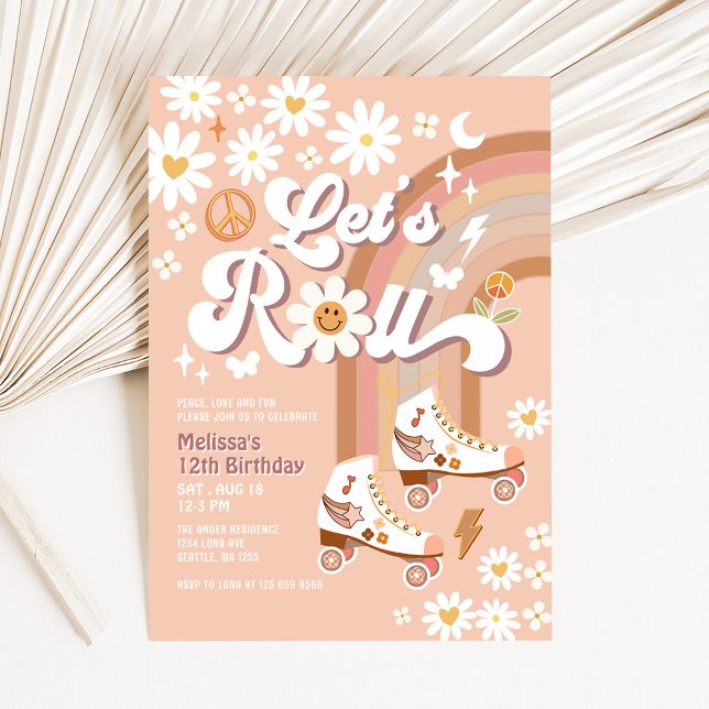 Beige ANY AGE Let's Roll Retro Groovy Birthday Invitation (Creator Uploaded)