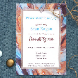 Beige Aqua Blue Bar Mitzvah Invitation