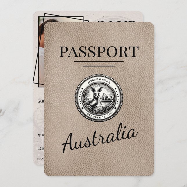 Beige Australia Passport Save The Date (Front/Back)