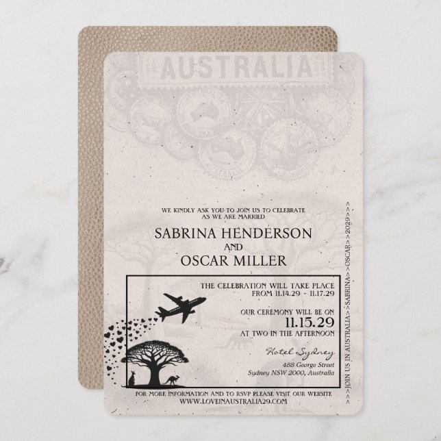 Beige Australia Passport Wedding Invitation (Front/Back)