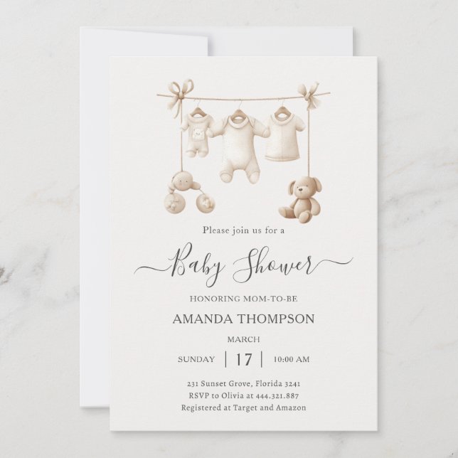Beige Baby Clothes And Toys Baby Shower Invitation (Front)