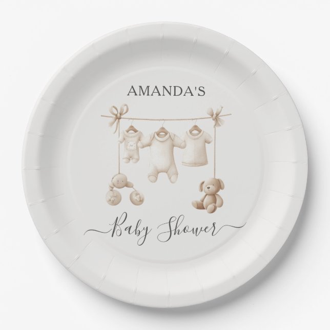 Beige Baby Clothes And Toys Baby Shower Paper Plate (Front)