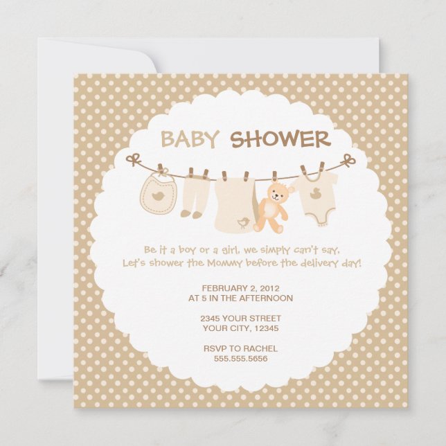 Beige Baby Clothes Line Shower Invitations (Front)