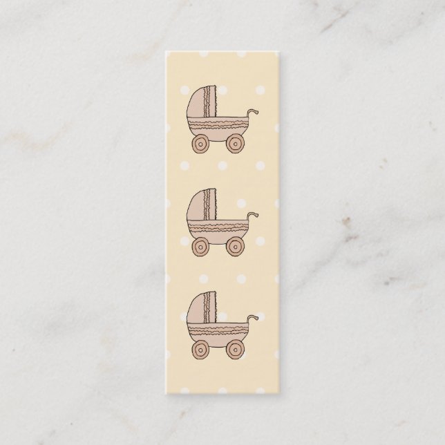 Beige Baby Pram. On spotty background. Mini Business Card (Front)