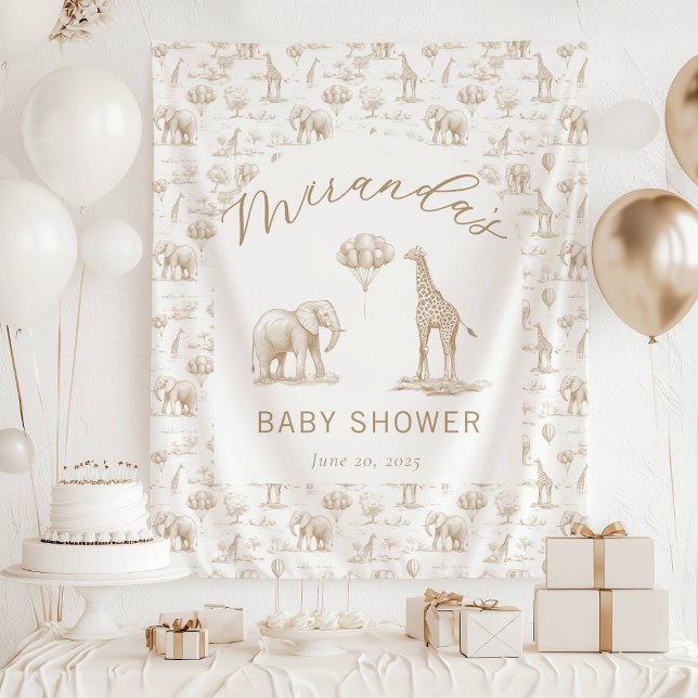 Beige Baby Shower Banner Safari Toile Tapestry (Creator Uploaded)