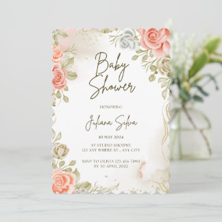 Beige Baby Shower Floral Invitation