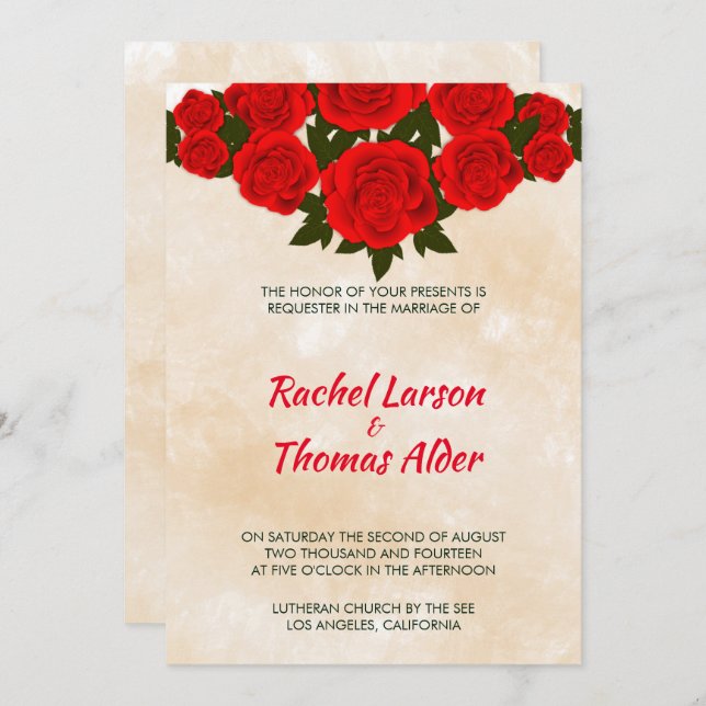 Beige Background And Red Roses Wedding Invitation (Front/Back)