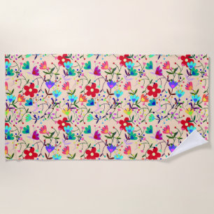 Beige Background Colourful Floral Pattern Beach Towel