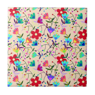 Beige Background Colourful Floral Pattern Ceramic Tile