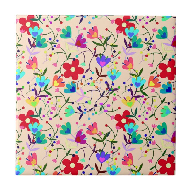 Beige Background Colourful Floral Pattern Ceramic Tile (Front)