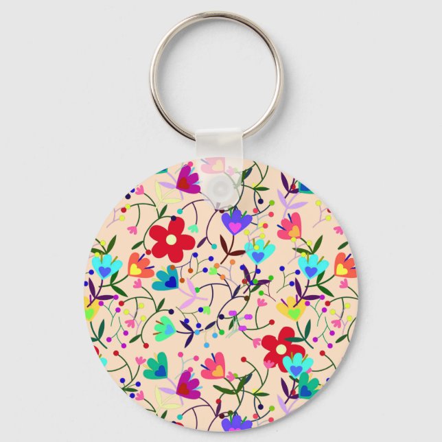 Beige Background Colourful Floral Pattern Key Ring (Front)