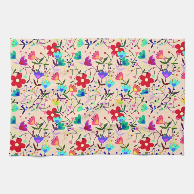 Beige Background Colourful Floral Pattern Tea Towel (Horizontal)