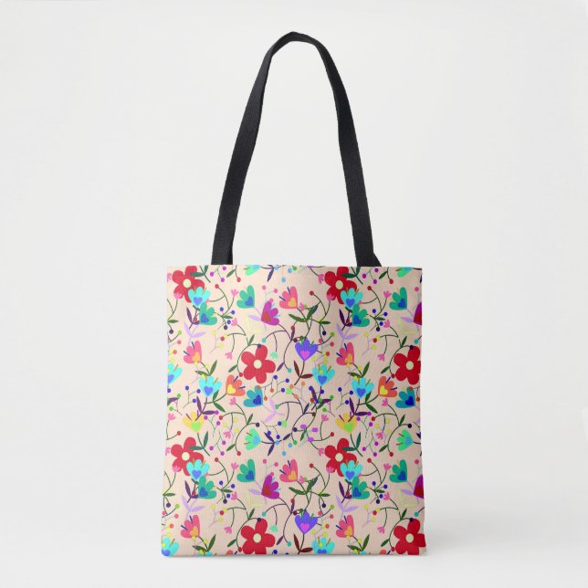 Beige Background Colourful Floral Pattern Tote Bag (Front)