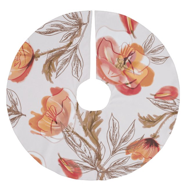 Beige Background Poppies Watercolor Pattern Brushed Polyester Tree Skirt (Front)