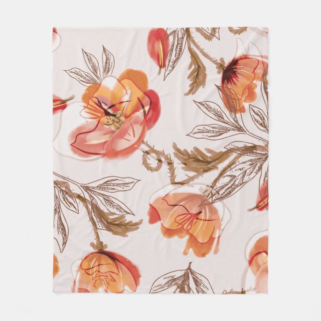 Beige Background Poppies Watercolor Pattern Fleece Blanket (Front)