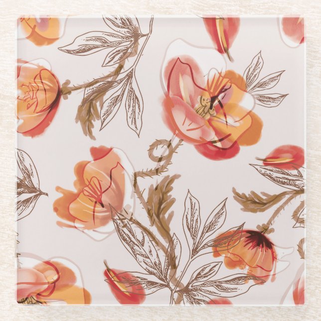 Beige Background Poppies Watercolor Pattern Glass Coaster (Front)