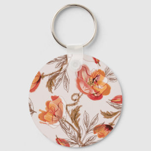 Beige Background Poppies Watercolor Pattern Key Ring