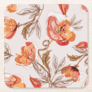Beige Background Poppies Watercolor Pattern Square Paper Coaster