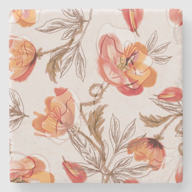 Beige Background Poppies Watercolor Pattern Stone Coaster (Front)