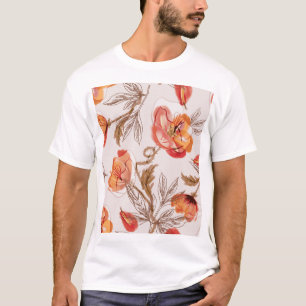 Beige Background Poppies Watercolor Pattern T-Shirt