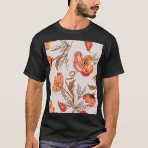 Beige Background Poppies Watercolor Pattern T-Shirt