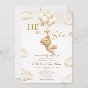 Beige Balloons Clouds He Or She Bear Gender Reveal Invitation