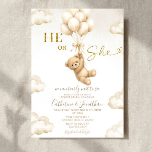Beige Balloons Clouds He Or She Bear Gender Reveal Invitation