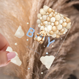 Beige Balloons Teddy Bear Boy Modern Baby Shower Acrylic Invitations