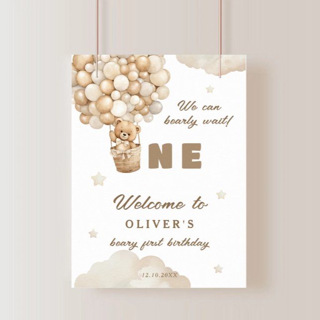 Beige Balloons Teddy Bear First Birthday Welcome Poster (Creator Uploaded)