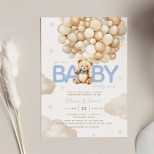 Beige Balloons Teddy Bear Modern Baby Shower Invitation