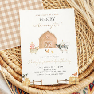 Beige Barn 2nd Birthday Farm Animals Party Invitation