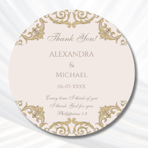 Beige Baroque Christian Wedding Thank You  Classic Round Sticker