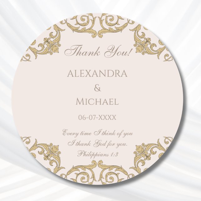 Beige Baroque Christian Wedding Thank You  Classic Round Sticker (Creator Uploaded)