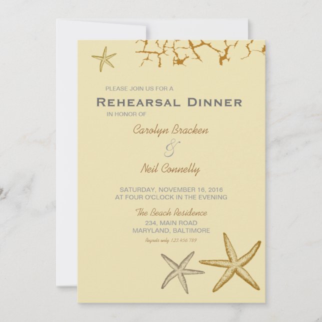Beige Beach Themed Starfish Rehearsal Dinner Invitation (Front)