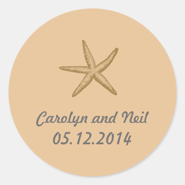Beige Beach Themed Starfish Wedding Favour Classic Round Sticker (Front)